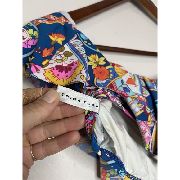 Trina Turk La Palma Ruffle Bandeau Bikini Top Off Shoulder Floral Blue Medium - Picture 3 of 4